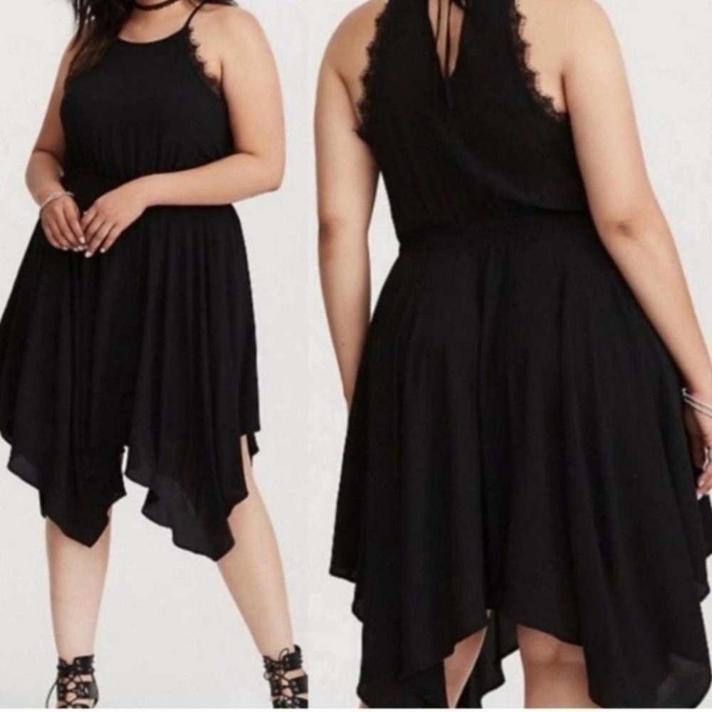 Torrid Black Handkerchief Hem Dress Lace Trim Sleeveless Keyhole Back Size 0 L